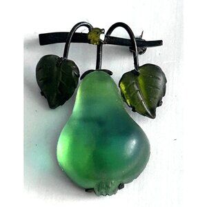 Vintage Austria Frosted Green Glass Pear Fruit Brooch Metal Leaves Rhinestone